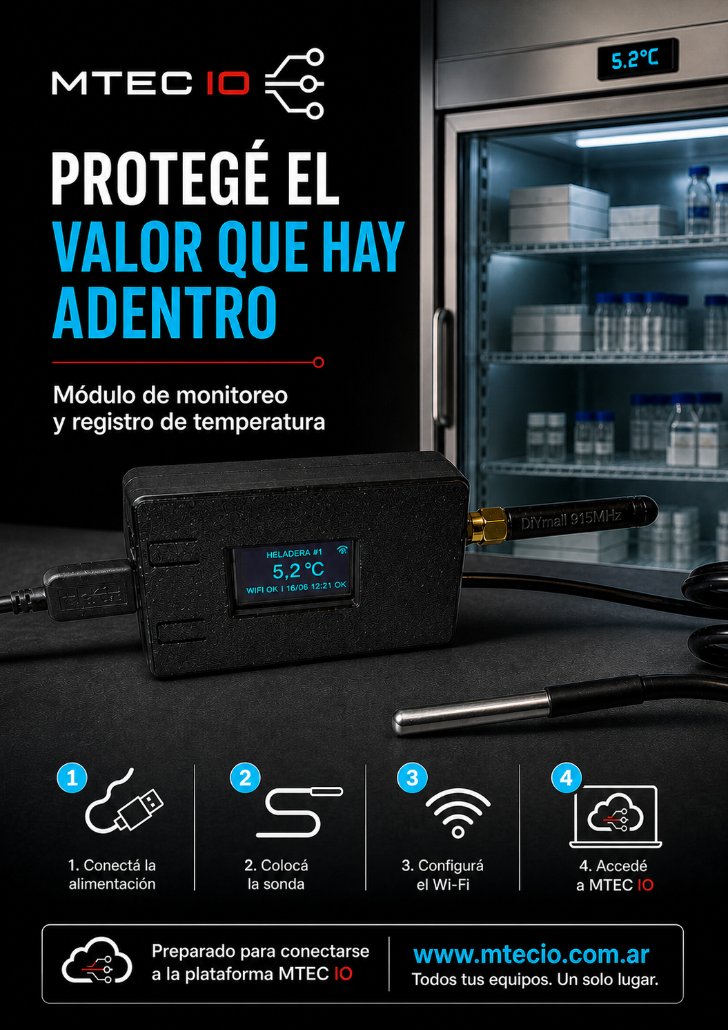 Módulo MTEC IO conectado a una heladera de laboratorio