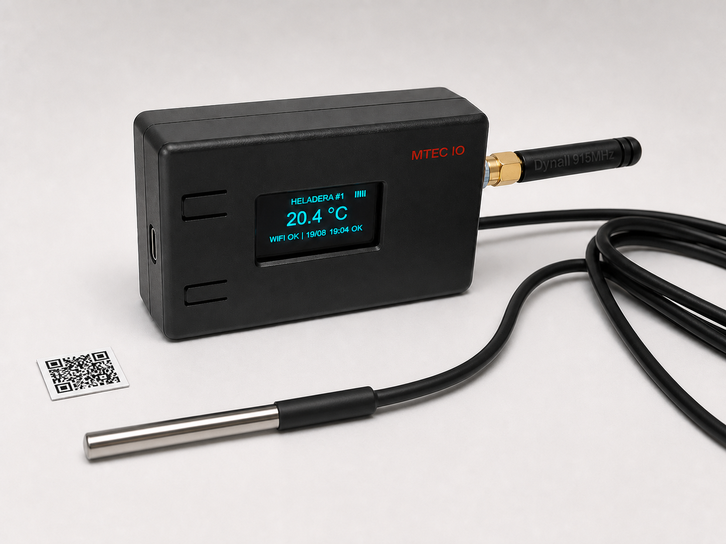 Módulo de temperatura MTEC IO con display, antena, sonda y QR